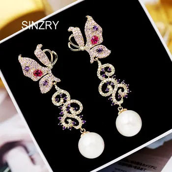 

SINZRY new elegant colorful butterfly cubic zircon Drop Earrings trendy lady imitation pearl party Dangle Earrings