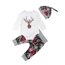 Cute Newborn Baby Boys Girls Deer Tops Romper Floral Pants Xmas Outfits Set 0-2T