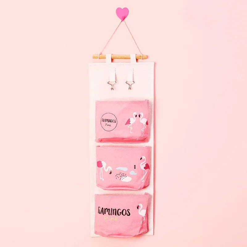 Flamingo Hanging Bag Storage Organizer Cotton Line Door Pouch Wall Mount Hang Bag Waterproof Cosmetic Toys Container 3 Pockets (1)