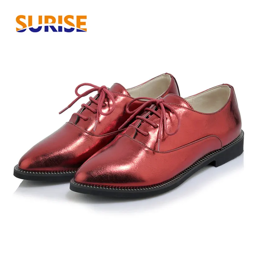 

Spring British Women Oxfords Shiny Metalic PU Leather Pointed Toe Flats Casual Party Retro Brogues Designer Lace-up Ladies Shoes