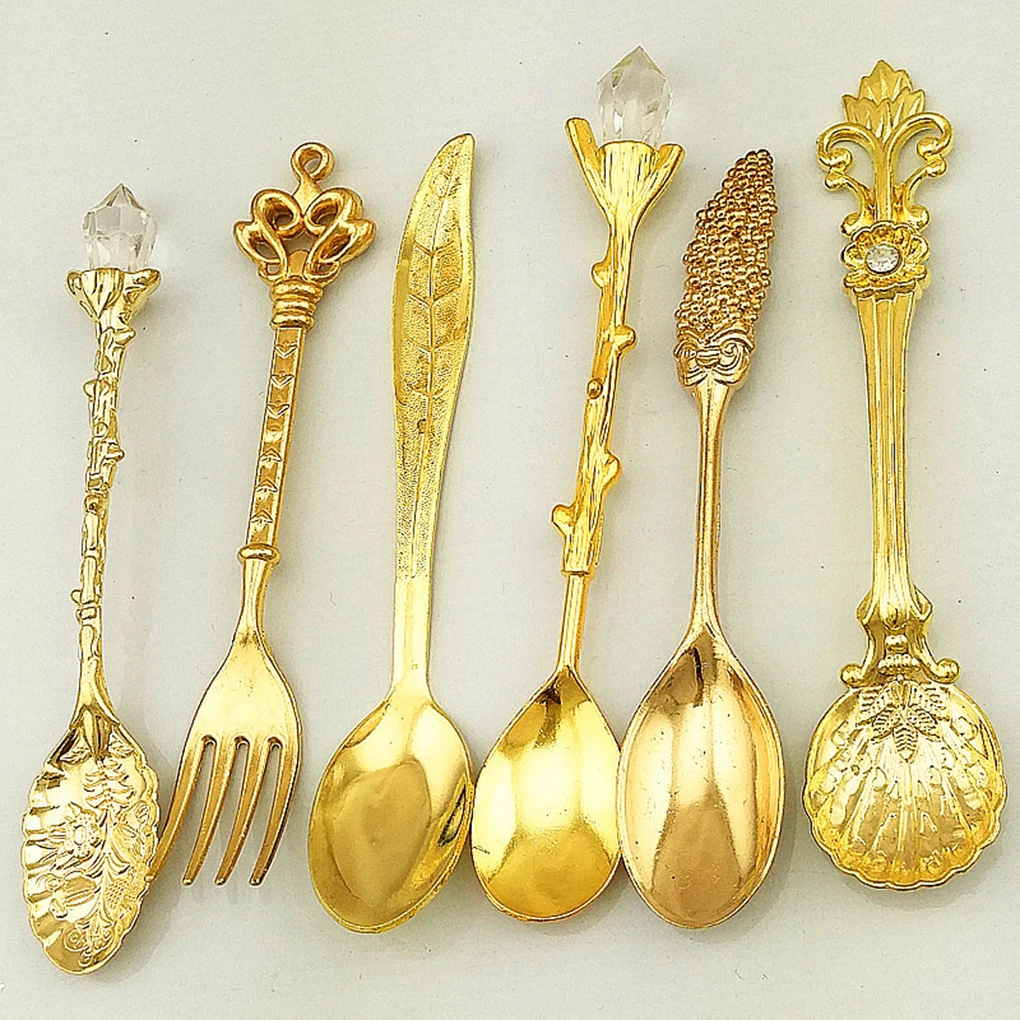 6pcs Bronze Carved Eco Friendly Small Tea Coffee Spoons Food Fork