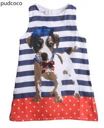 Симпатичное летнее платье с собачкой для маленьких девочек полосатое платье без рукавов для детей от 3 до 7 лет
