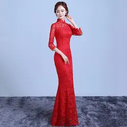Красный кружево Tailing современный Qipao длинные с новогодней елкой, бумажный платье Винтаж Полые Свадебные Qi Pao Vestido Oriental платья для женщин