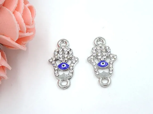 22.5*12mm azul conector mal de ojo HAMSA mano encanto Colgantes rhinestone Conectores accesorios pendientes 20 unids/lote b0026