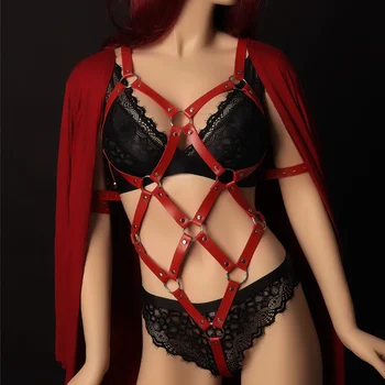 

PU Leather Body Harness Belt Set Red Torture Cage Bra Sexy Lingerie Fetish for Women Halloween Festival Cosplay Club Rave Dance
