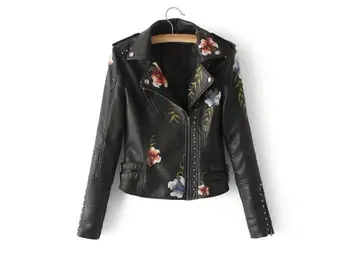 

Women Floral Print Embroidery Faux Soft Leather Jacket Coat Turn-down Collar Casual Pu Motorcycle Black Punk Outerwear
