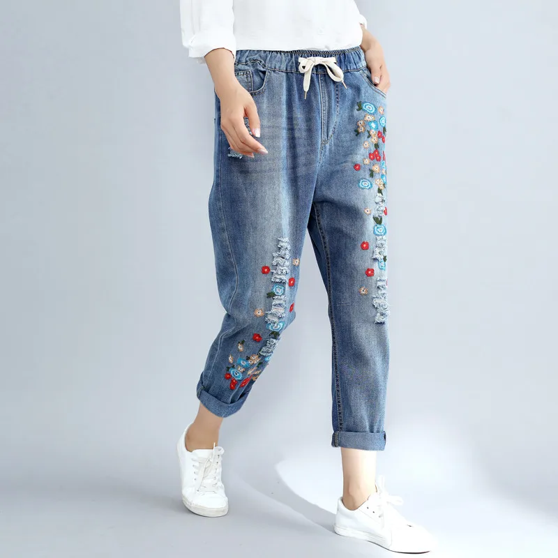 Рваные Джинсы бойфренда с цветочной вышивкой размера плюс 3XL для женщин, штаны-шаровары на шнуровке, джинсовые джинсы с завязками, Vaqueros Mujer C4304 - Цвет: blue