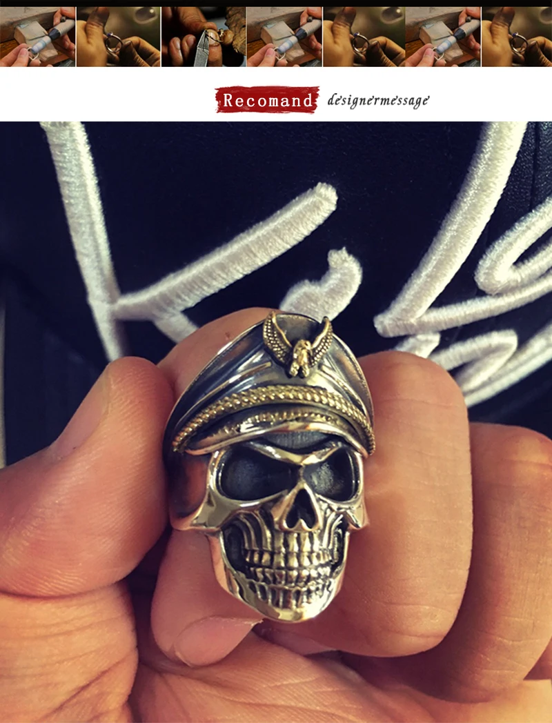 ZABRA 925 Серебряное кольцо с крутым солдатом и черепом для мужчин в стиле панк-рок, винтажные кольца с орлом, регулируемый размер, байкерское кольцо, готическое ювелирное изделие