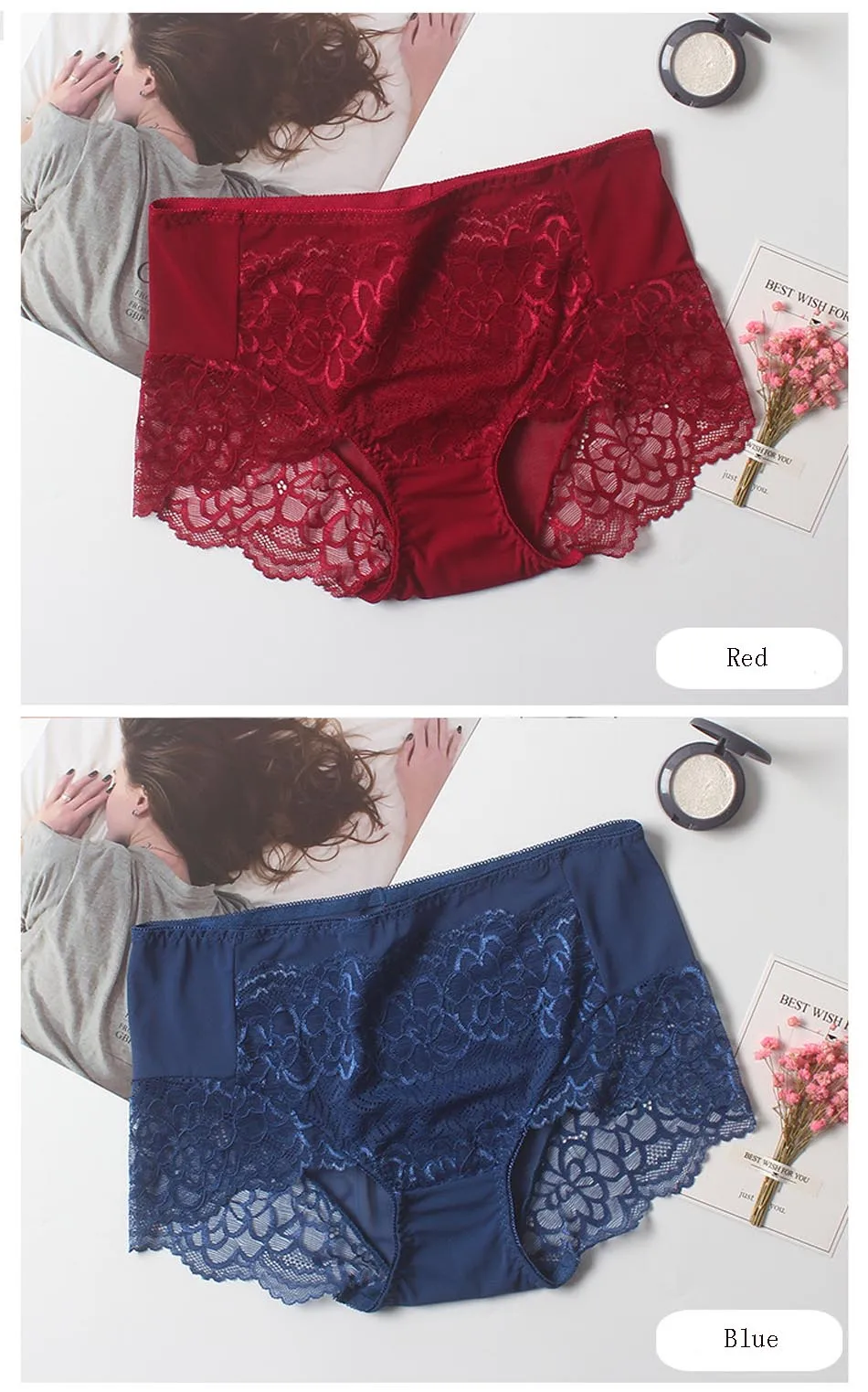 Plus Size Women Sexy Lace Panties Women's Mid Waist Seamless Cotton Briefs Underwear Lingerie Calcinhas Intimates Underpants (16)