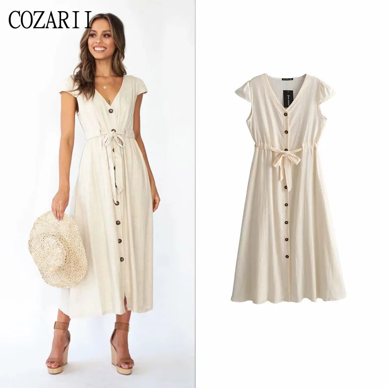 

COZARII women fashion solid dress short sleeve sashes V-neck collar elegant ladies casual style dress female vestido