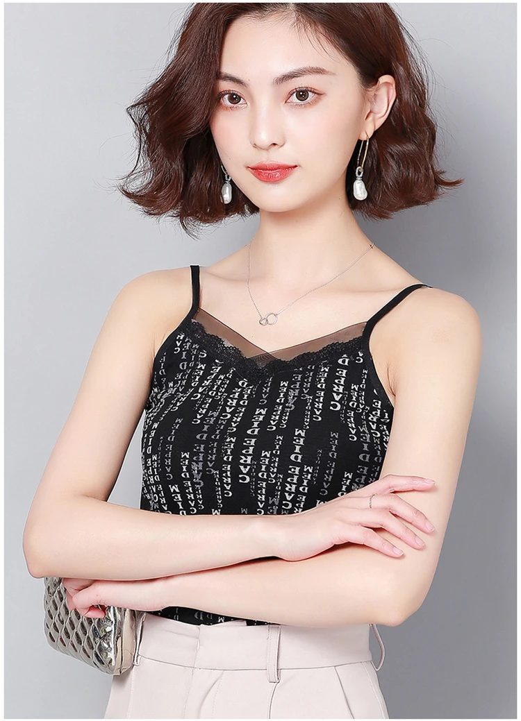 summer tops for women Black Letter Arrow Loose camis Lace Sexy Top Fashion Sling Tops fashion sexy tank top streetwear