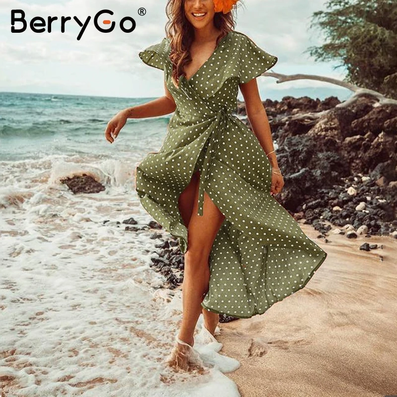 

Berrygo Ruffle v neck polka dot print chiffon dress women beach Elegant loose wrap maxi dress Sash high waist summer dress 2019