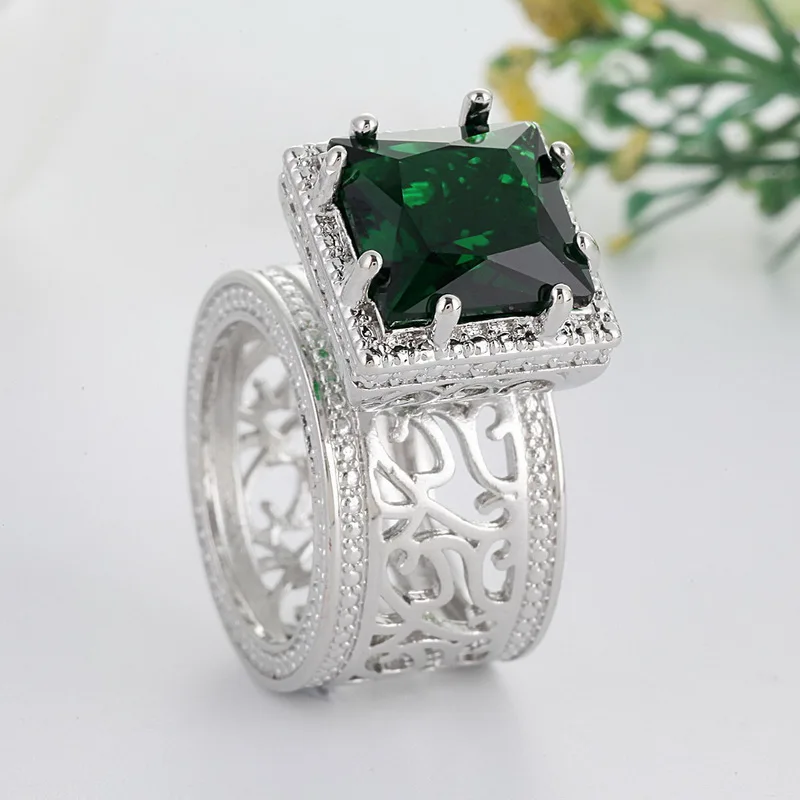 Модное кольцо с зеленым камнем серебряного цвета с выемкой Maansteen Квадратные Кольца для женщин обручальные ювелирные изделия коктейльные кольца Подарки Z5X873 - Цвет основного камня: Green