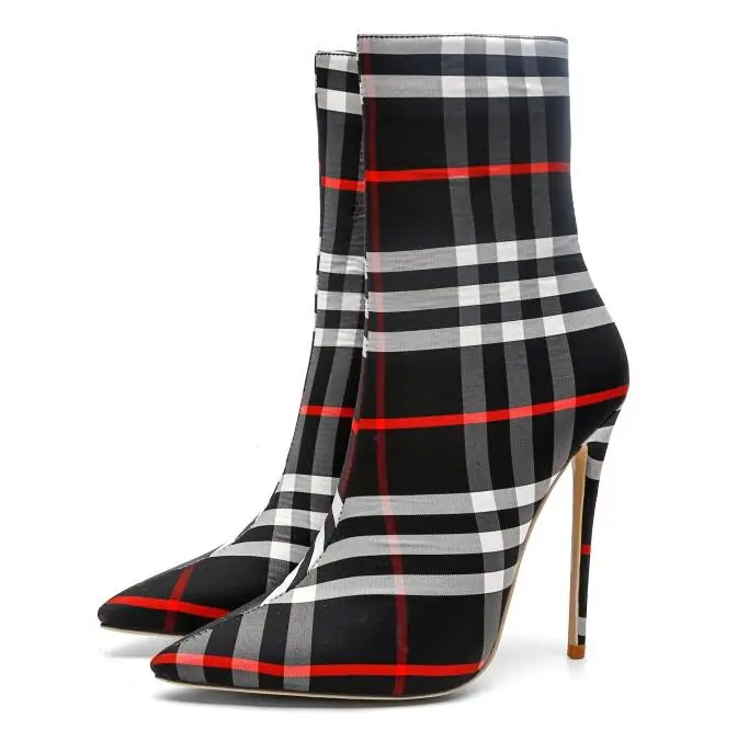 

Fashion Lattice Women Ankle Boots Popular Style High Heel Boots Pointed Toe Thin Heels Shoes Spring Autumn Zip Up Dress Shoes