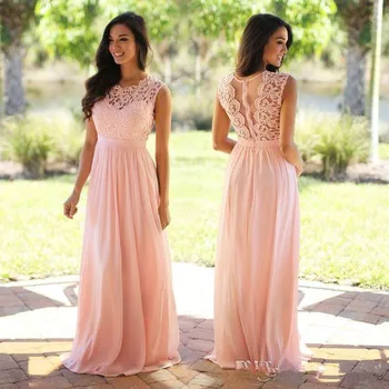 

Blush Pink Lace Chiffon Bridesmaid Dress 2019 Sheer Neck Lace Top Zipper Back Floor Length Maid of Honor Wedding Guest Dresses