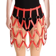 Кожаная юбка красный пояс; стиль панк, готика; пикантные Рив в металлическом гравированном Регулируемый искусство танец рейв Женская портупея майка на бретелях