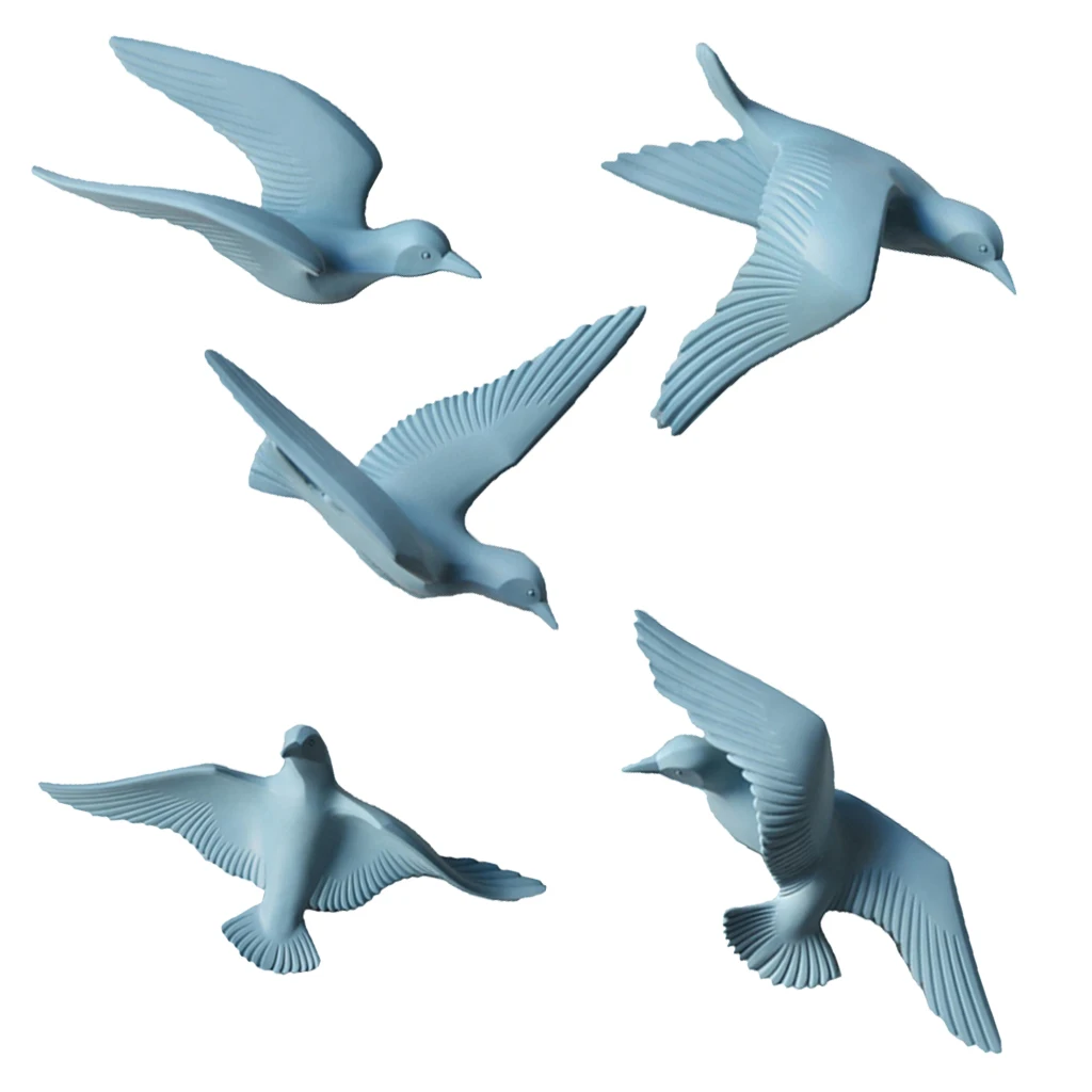 5pcs Nautical Resin 3D Birds Wall Art Murals Flying Seagull Sculpture Bedroom Wall Stickers DIY Home Hotel Decor Blue