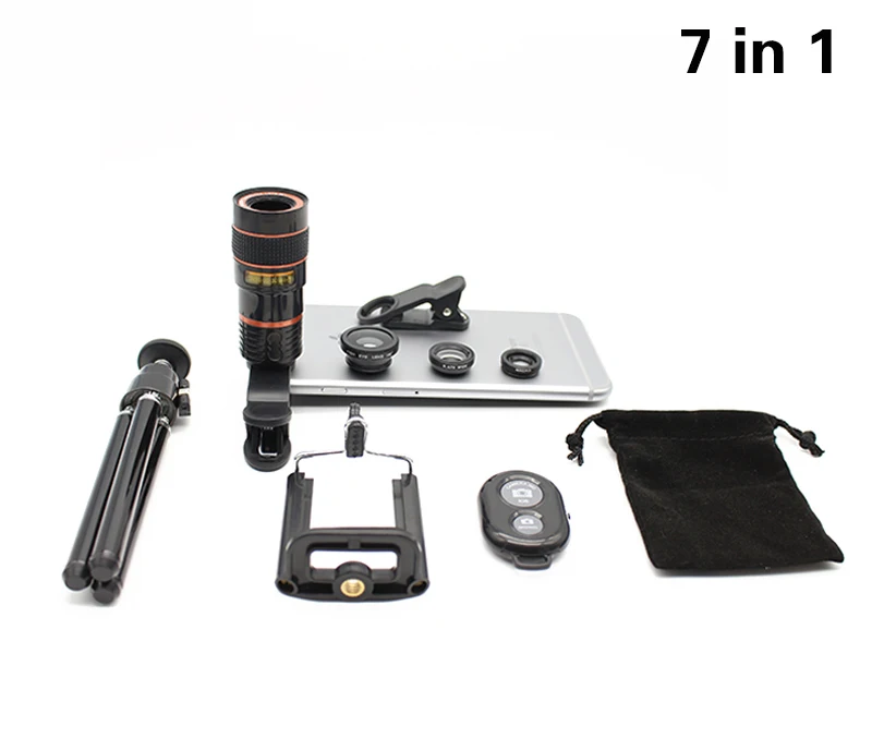 7in1 8x Zoom Telescope Magnifier Phone Camera Lens Tripod 3in1 Fisheye Wide Angle Macro Lenses For