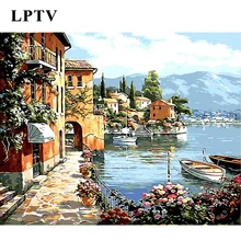 Выполненные Европа пейзаж картины Краски по номерам ручная Краски ed Wall Art прибрежный город подарки для друзей