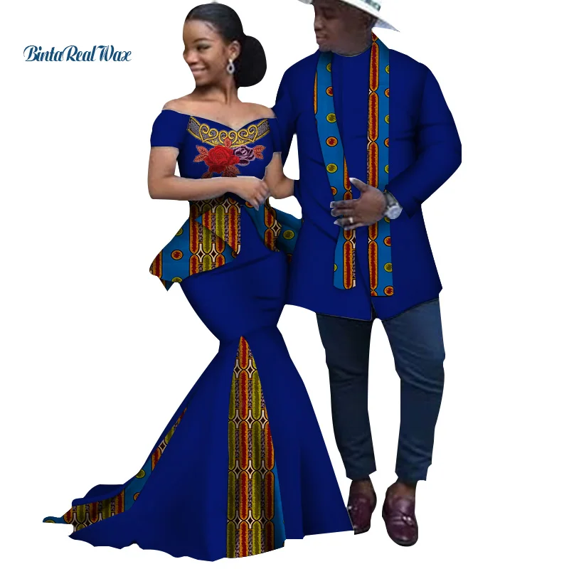 Африканский принт Длинные лоскутные платья для женщин Базен Riche Мужской Топ Рубашка Пара Одежда любителей Африки Пара Одежда WYQ253