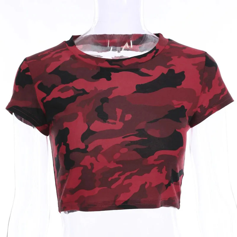 Qunndy T Shirt Women Camouflage Cotton Elastic Basic T-shirts Female Casual Tops Short Sleeve Tshirt Crop Top Camisetas Mujer (17)