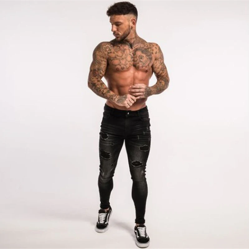 

2019 Fashion Jeans For Men Slim Zipper Denim Skinny Frayed Pants Rip Trousers Black Jeans White stripes