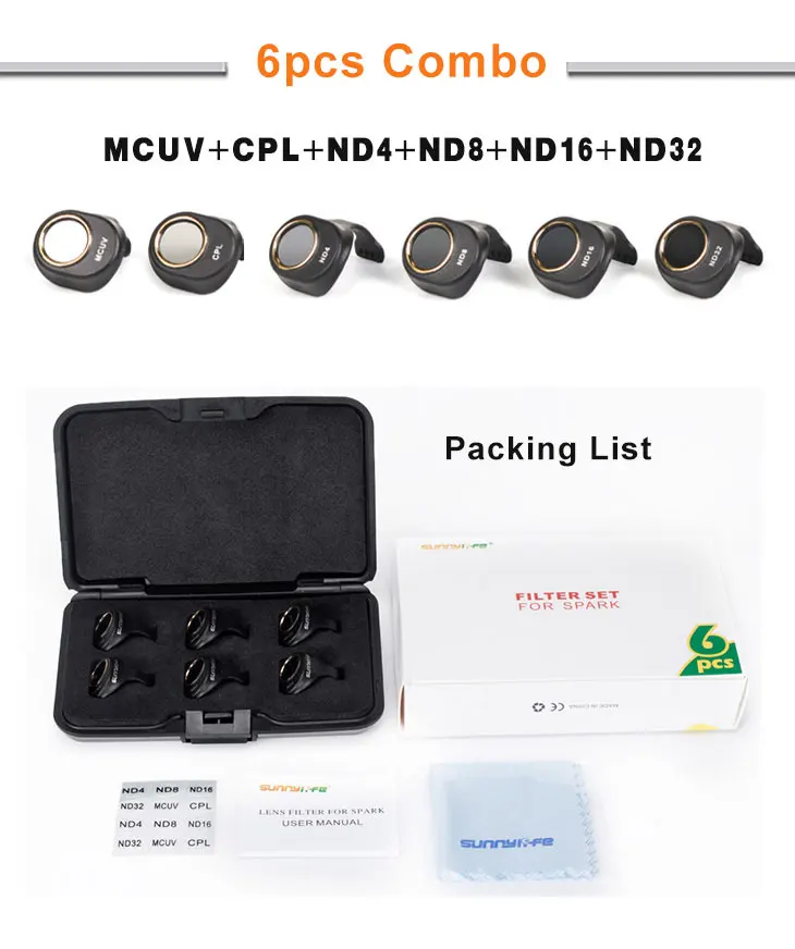 

6 IN 1 dji Spark Lens Filter UV CPL ND4 ND8 ND16 ND32 For SPARK Camera Drone Gimbal Light Weight Polarizing Neutral Density