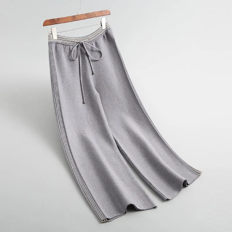 

J290 Spring Fashion Elastic Waist Side Striped Sweater Wide Leg Pants Janpese Chic Knitted Trousers