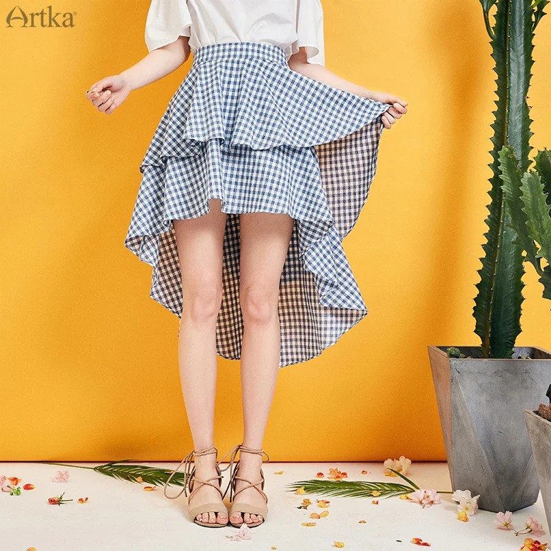 Женская клетчатая юбка ARTKA короткая двухслойная Асимметричная с ласточкиным