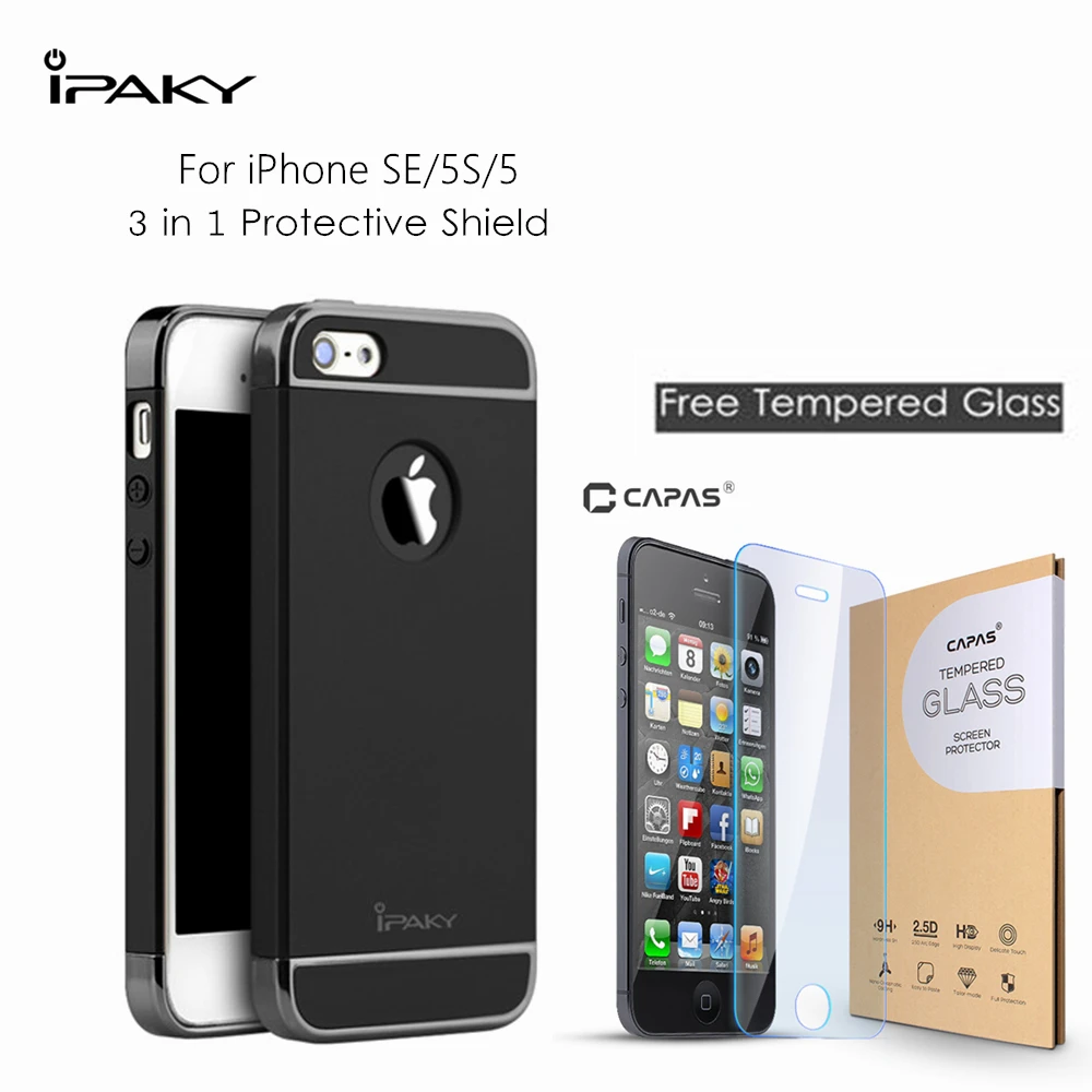 iPaky Cover For iPhone 5S SE Case + Tempered Glass Plating Bumper Hard Plastic Protective Shield |