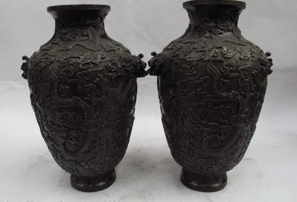 

Collectible bronze lion statue S1200 9.5 Chinese folk pure Bronze copper foo dog Lug nine Dragon fengshui vase pair