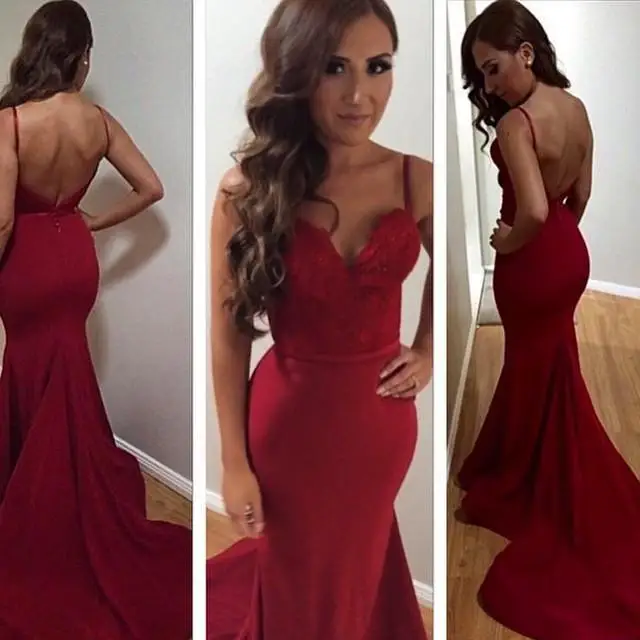 2017 Mermaid Prom Dresses Burgundy Evening Party Dresses Backless Spaghetti Straps Lace Arabic Cheap Lace Prom Gowns Long