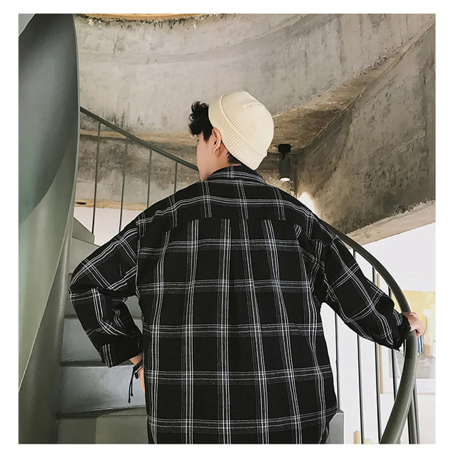 Модный плед рубашки для мужчин платье Хлопок Slim Fit черная Корейская рубашка мужская с длинным рукавом винтажная ретрорубашка одежда мужская куртка