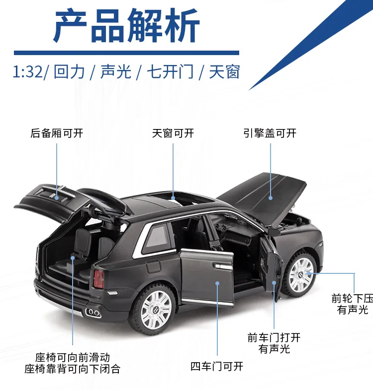 1:32 модель автомобиля ролл Ройсе Cullinan сплава Модель автомобиля Моделирование звук и свет оттяните назад внедорожник для детских дверей можно открыть игрушечный автомобиль