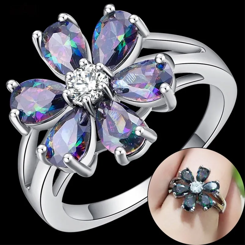 New inlaid Colorful Rainbow Zircon Ring for Women European Wedding