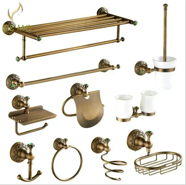 

Antique Copper Green Jade decoration Bathroom Accessories Bath Towel Rack Towel Bar Cup Holder Paper Holder Cloth Hook JM882