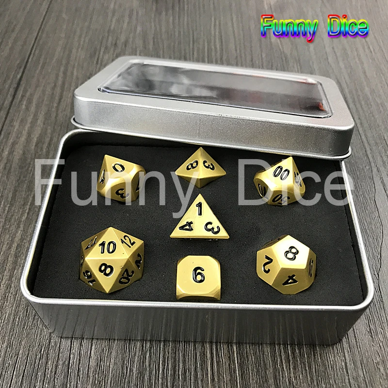 

Gold Metal Dice set 7 RPG d4 d6 d8 d10 d% d12 d20 playing dice with boxes for men gift game dice