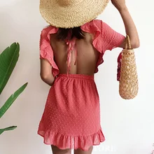 Yojoceli летнее женское платье с открытой спиной и рюшами, Пляжное короткое шифоновое платье в стиле бохо, уличная одежда, асимметричное женское платье vestidos