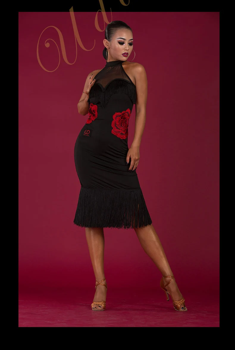 Платье для латинских танцев, женское платье с вышивкой розы, танго, ча-ча, платья для соревнований, черная бахрома, Одежда для танцев с кисточками, костюм для румбы DC1048