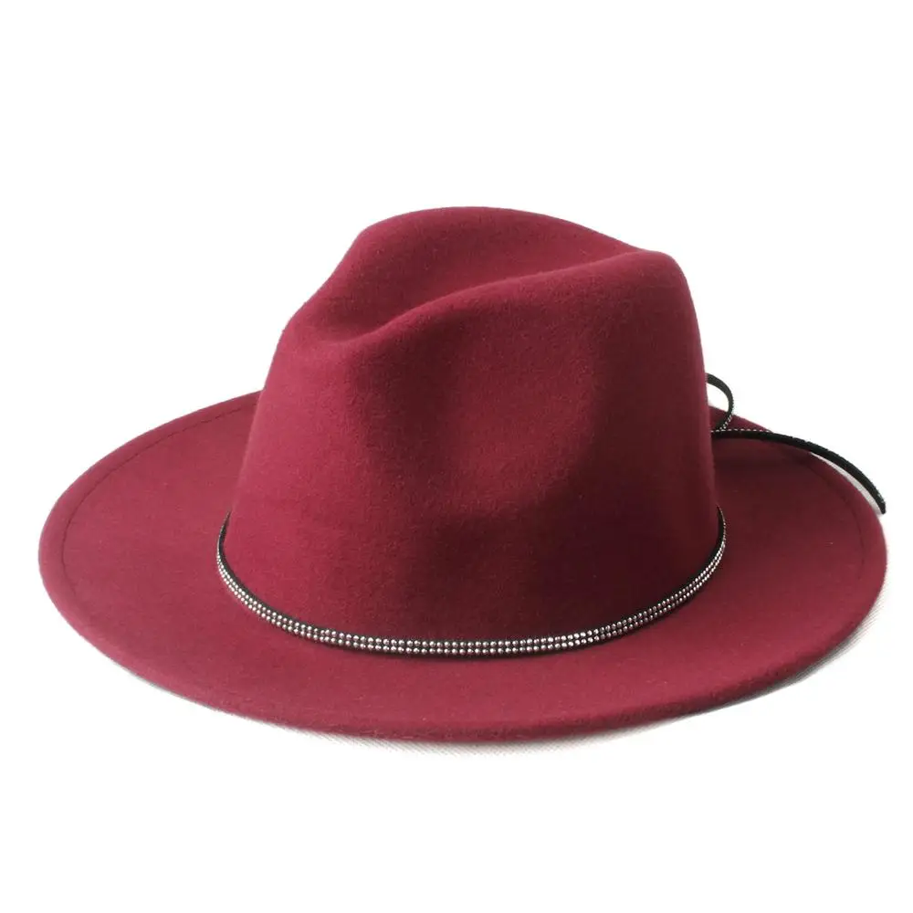 Брендовая шерстяная Женская Мужская шляпа Chapeu Feminino Fedora Шляпа с бриллиантами блестящий широкий джазования с полями церковная Кепка Панама Топ Солнцезащитная шляпа 20 - Цвет: Wine red