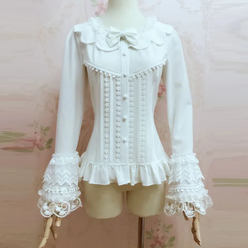 

White Bow O Neck Lace Flare Sleeve Lolita Blouse Sweet Gothic Shirt Women Vintage Chemisiers et Blouses Femme Camiseta Mujer