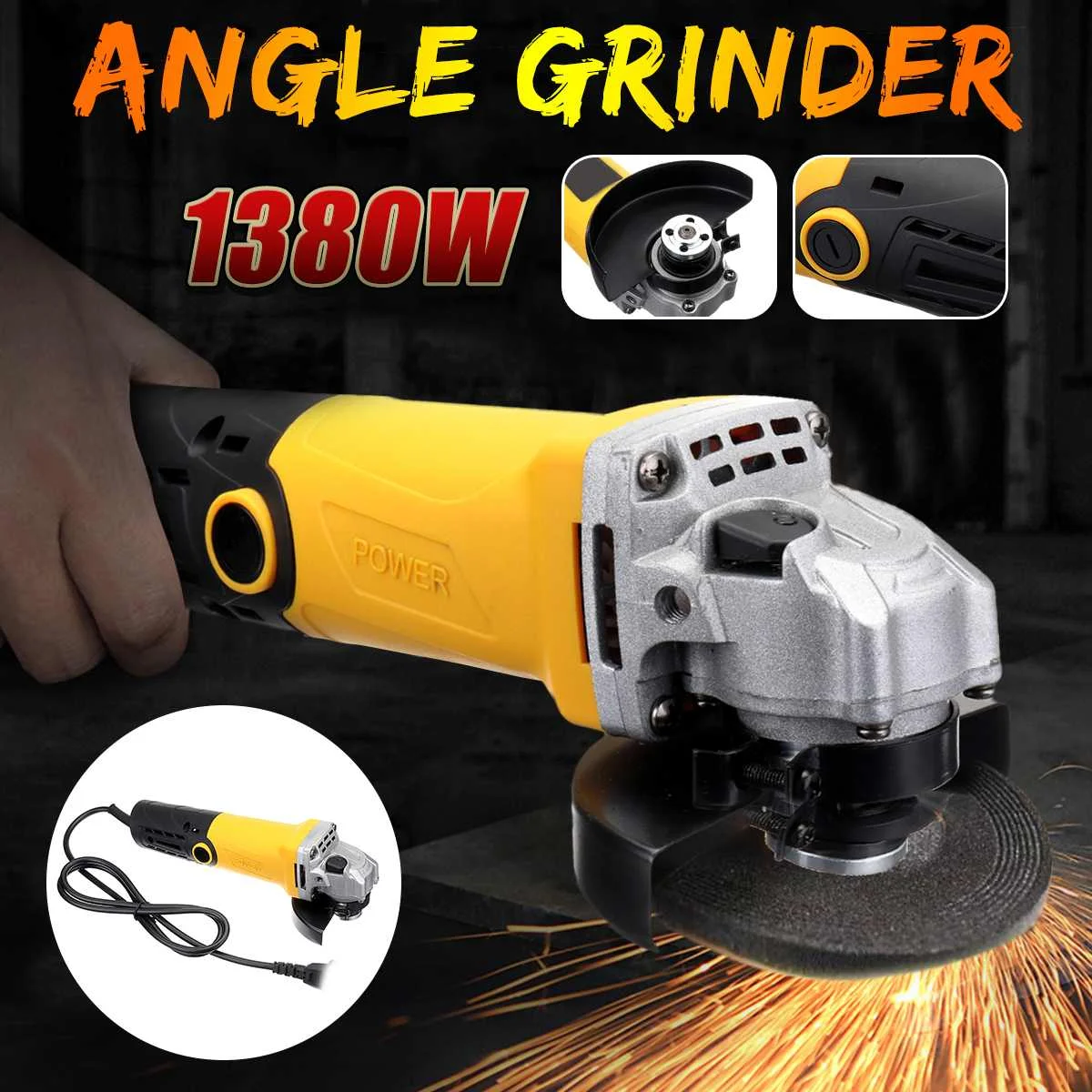 Metal Cutting Tool 220V/50Hz 1380W Electric Angle Grinder Grinding Machine 11000RPM Adjustable Anti-Slip Powerful Protect