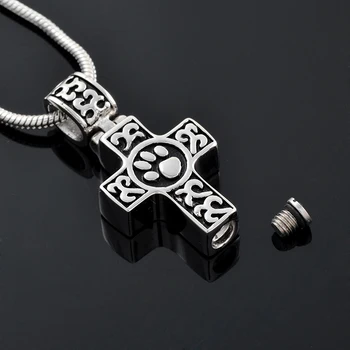 

IJD9786 Pet Funeral Keepsake Wholesale or Retail Stainless Steel Paw Print Cross Memorial Urn Cremation Pendant Necklace for Ash