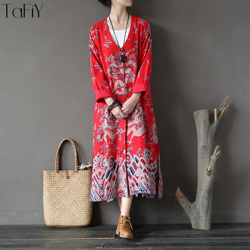 

TaFiY 2017 Spring Autumn Trench Women Vintage Print V-neck Handmade Plated Buttons Plus Size Long Robe Outerwear Overcoat Trench