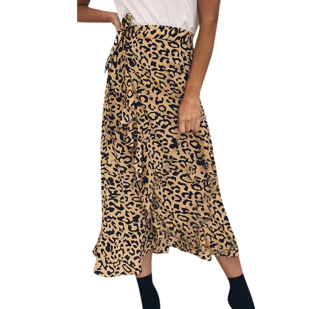 JAYCOSIN  2019 Women  Summer  Daily Bohemia High Waist Leopard Ruffle Beach Wrap Maxi Long Skirt   19MAR19
