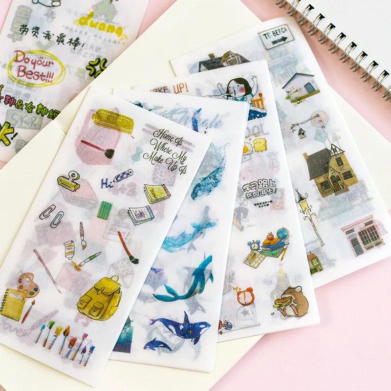 

6 Sheets Fresh Green Cactus Blue Whale Adhesive Stickers Decorative Album Diary Stick Label Decor Stationery