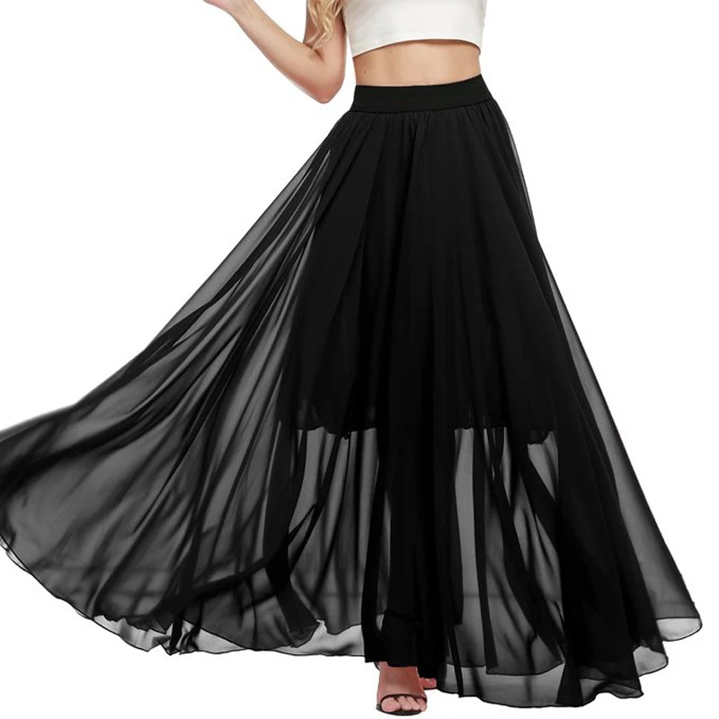CURRYBONEE Women Maxi Skirt Summer Elastic Waist Party Long Skirt Sexy Large Size Chiffon A line