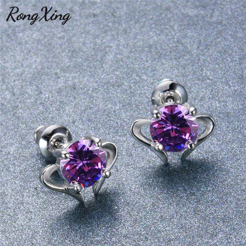 RongXing очаровательные разноцветные Круглые циркониевые серьги гвоздики с сердцем