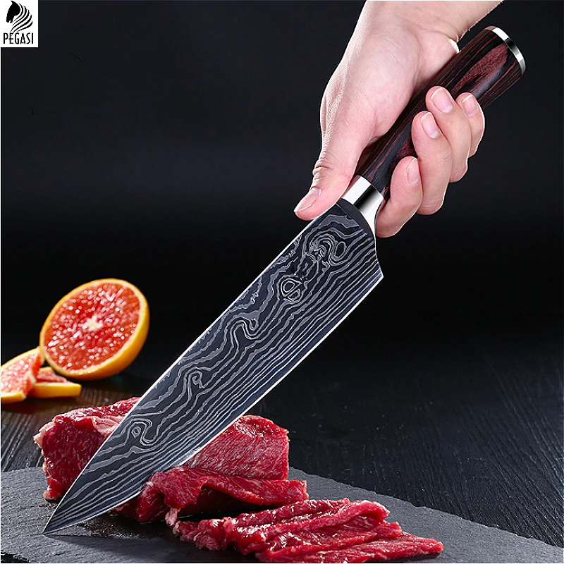 

High quality 8"inch Utility Chef Knives Imitation Damascus steel Santoku kitchen Knives Sharp Cleaver Slicing Knives Gift Knife