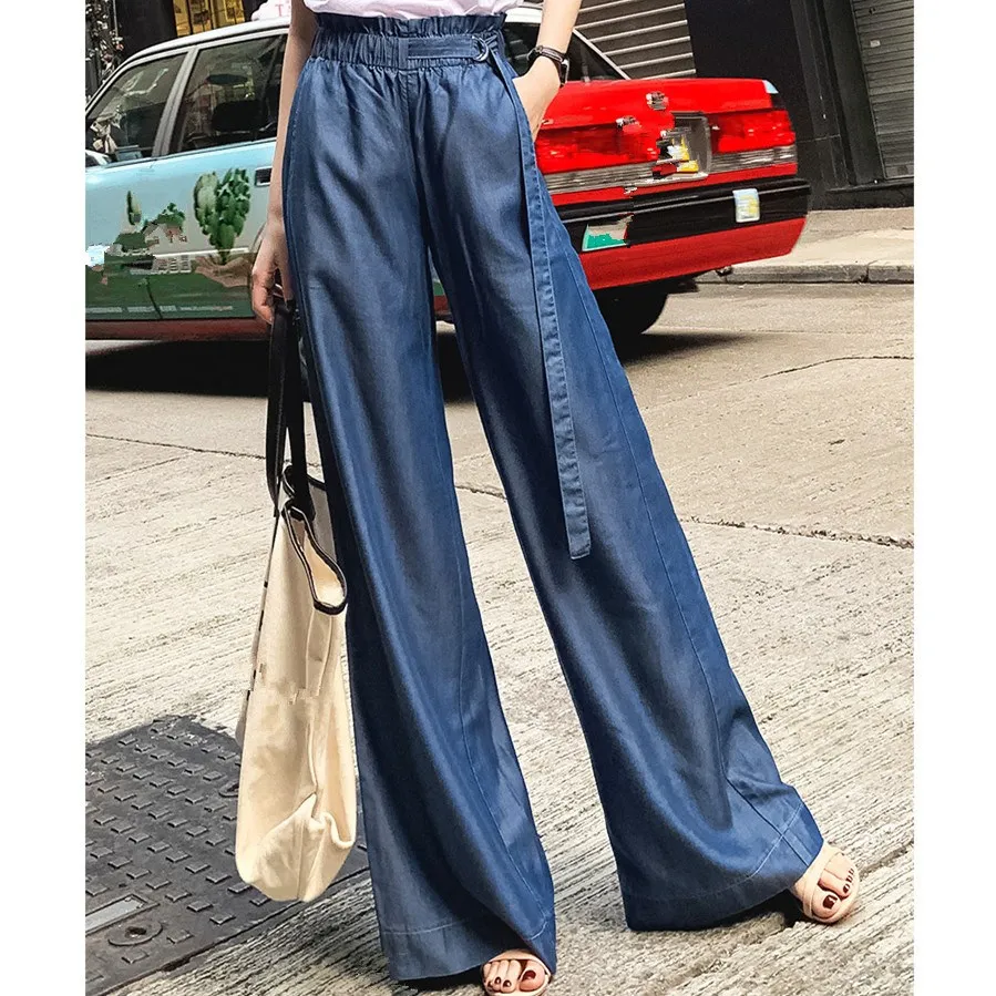 

Fashion 2019 Summer High Waist Wide Leg Jeans Women Blue Lace Up Jeans Denim Pants Casual Plus Size Trousers
